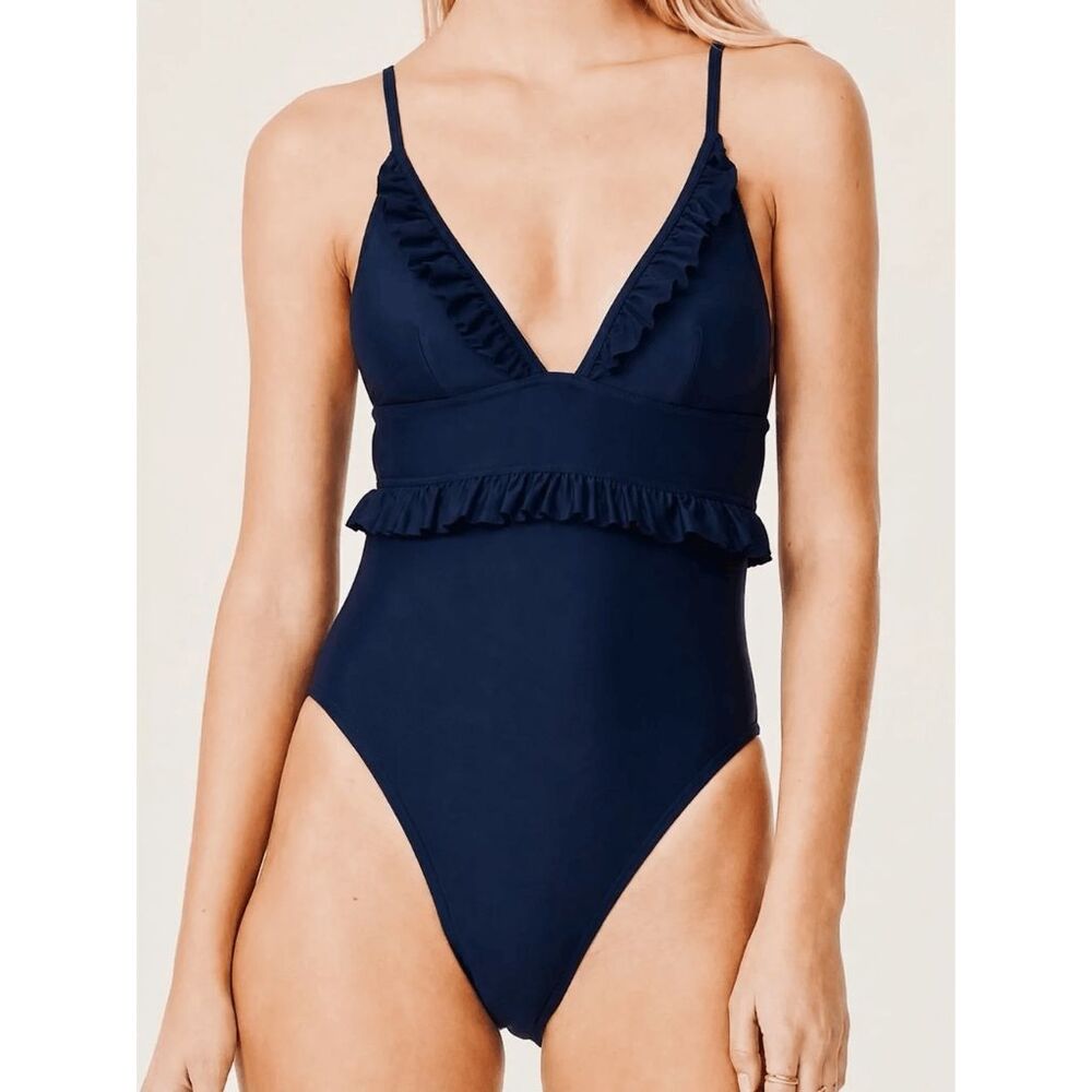J. Crew Navy Blue Ruffle Deep V-Neck One Piece Swimsuit Women's Size 8 NWT